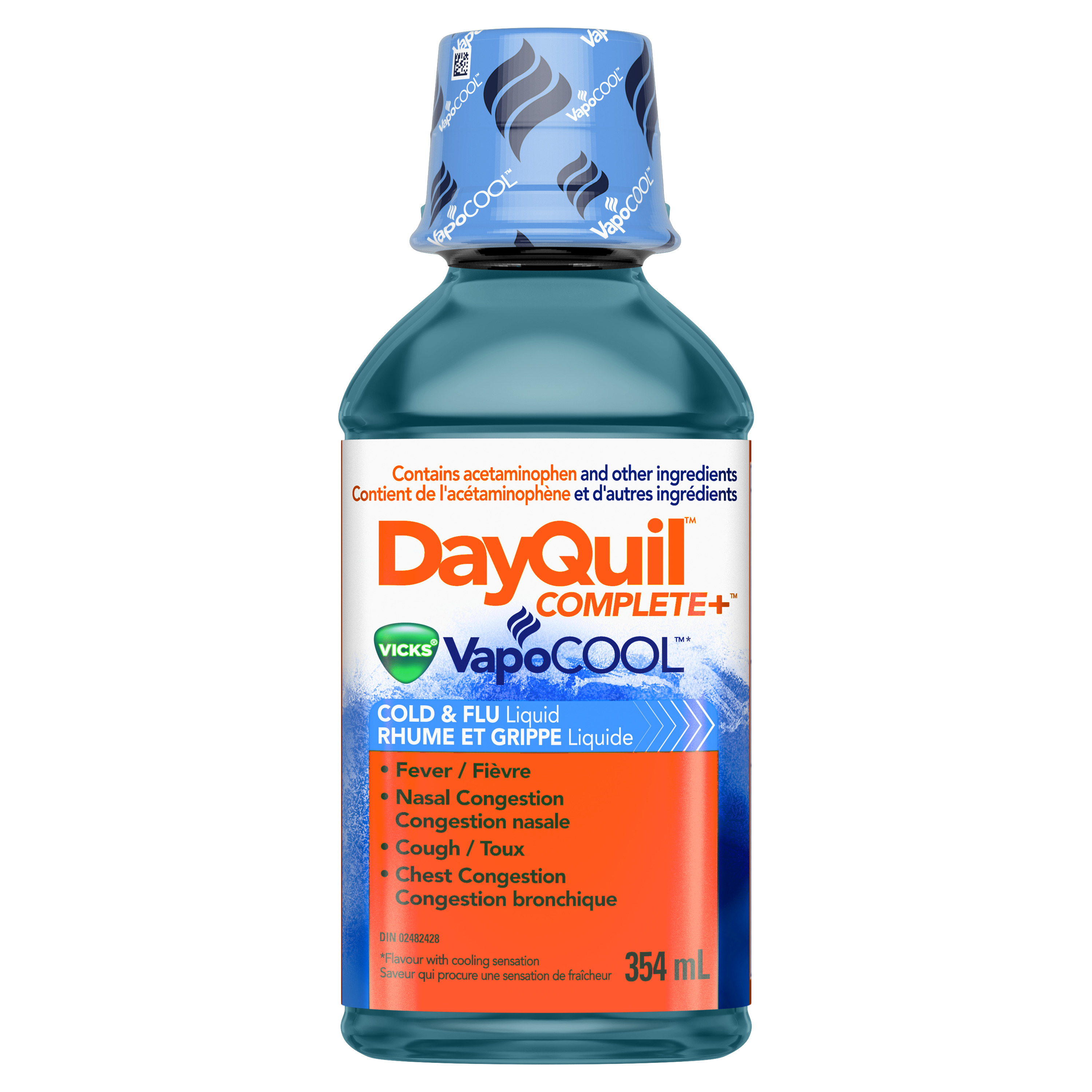 DayQuil COMPLETE + VapoCOOL rhume, grippe, sans somnolence, toux, fivre,  mal de gorge, congestion, douleur aux sinus, congestion bronchique, 354 mL  - SmartLabel