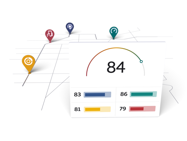 A telematics driving score of 84 shown over a map