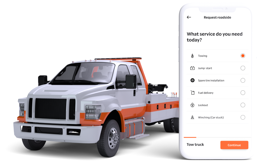 The Root roadside assistance app screen on a phone next to a white and orange tow truck