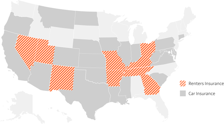Color-coded map of U.S. showing where Root offers car and renters insurance