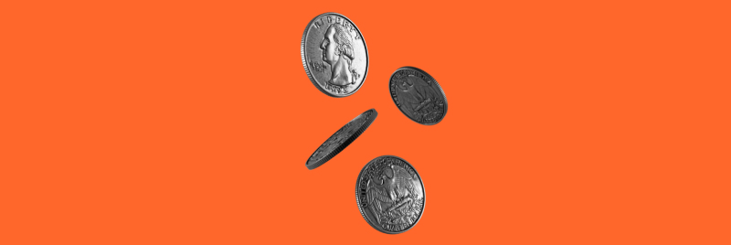 4 quarter dollar coins hovering on an orange background