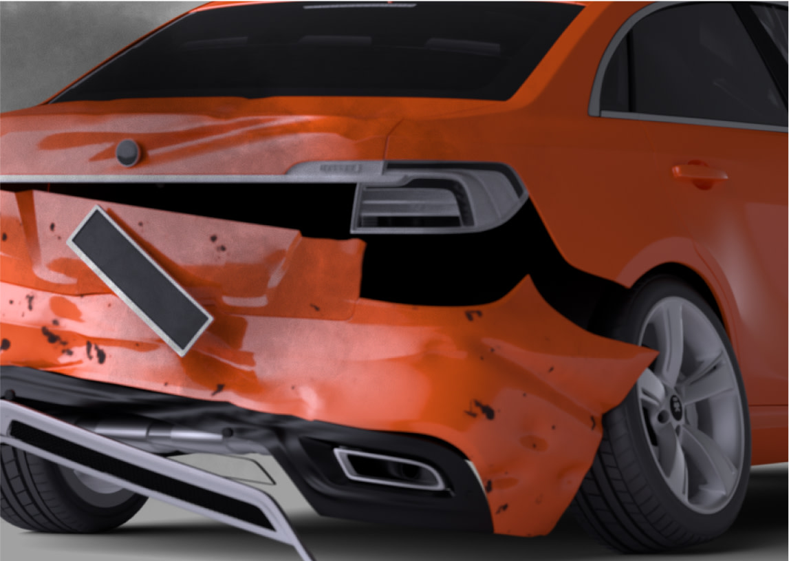 Rear of orange car is severely damaged