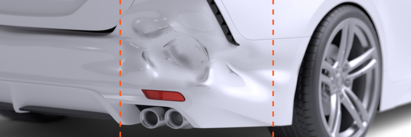 Rear bumper of a white sedan that has been hit in an auto accident and needs full coverage car insurance