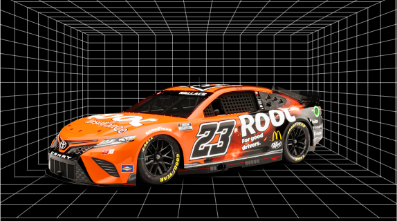 Orange racecar with the Root logo