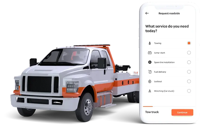 Tow truck and a phone displaying a screen with roadside assistance services