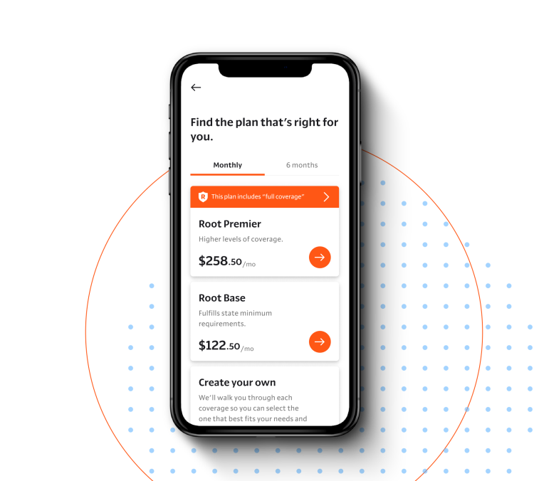 Smartphone showing Root app screen with car insurance plan options