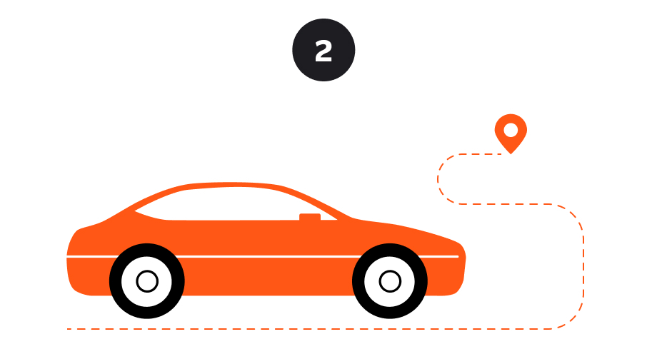 Car graphic driving to a map pinpoint on a smartphone with the word Drive