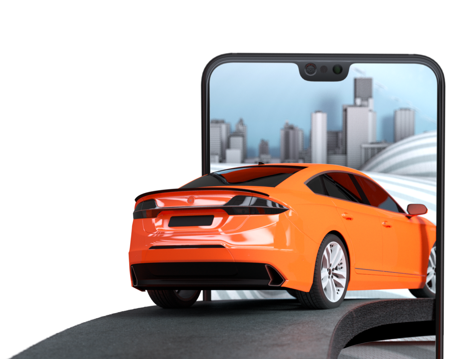 Orange sedan drives into smartphone screen showing a cityscape