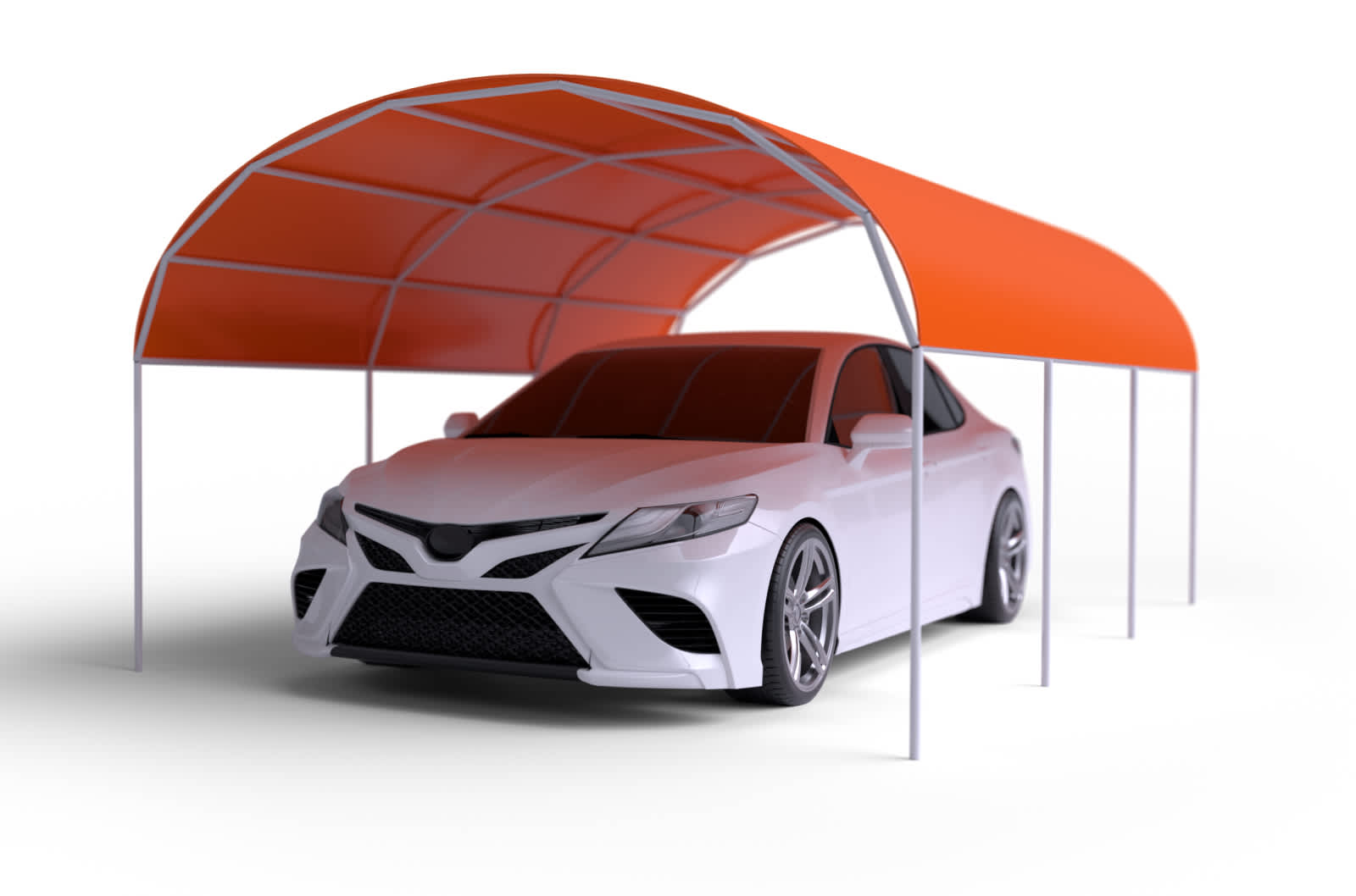 White sedan under an orange carport