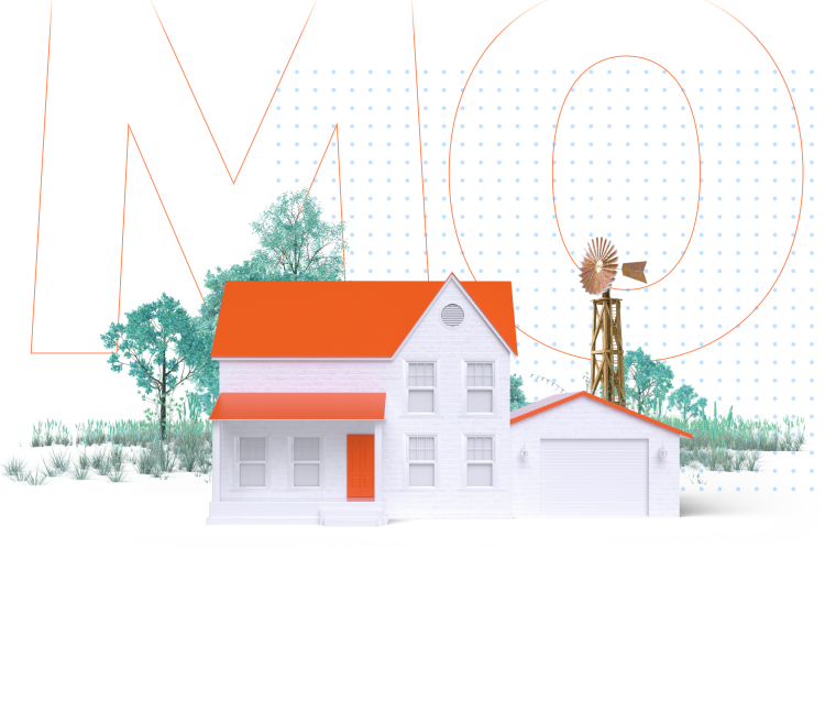 House in front of trees with a windmill and the abbreviation MO for Missouri