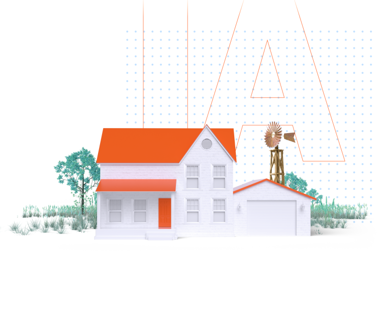 House with trees and a windmill in front of the abbreviation IA for Iowa