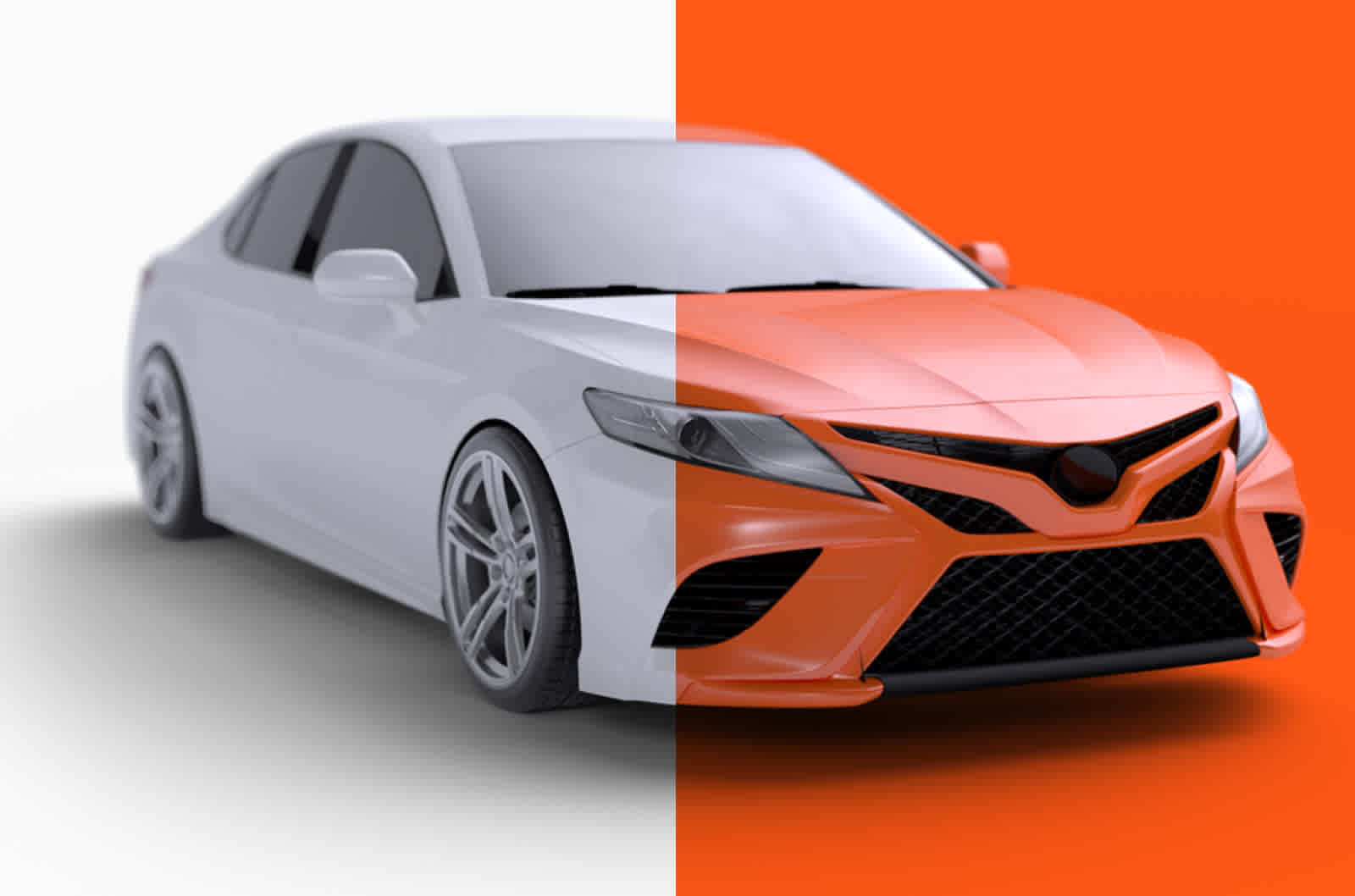 A sedan is half white and half Root orange representing switching to Root car insurance