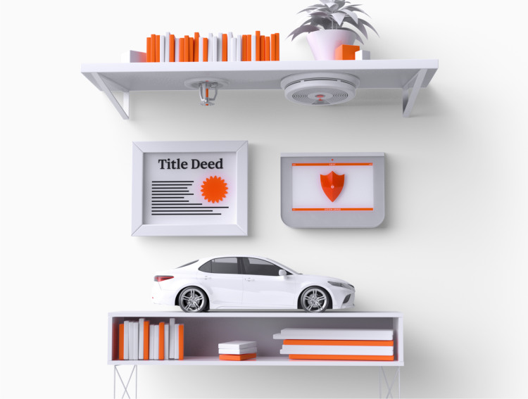 Shelf displaying white and orange books, a white car, and a homeowner’s title deed