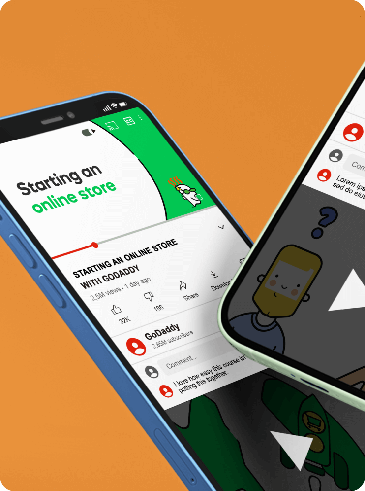 GoDaddy Starting an Online Store video animation shown on mobile devices with an orange background