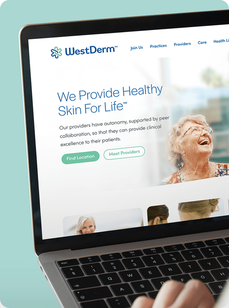 WestDerm UI UX website design shown on a laptop computer with a green background