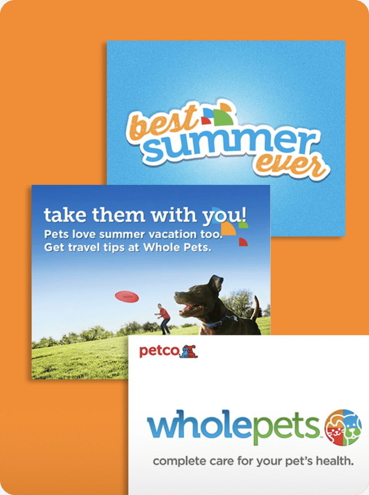 Petco Whole Pets display ad animation stills on an orange background
