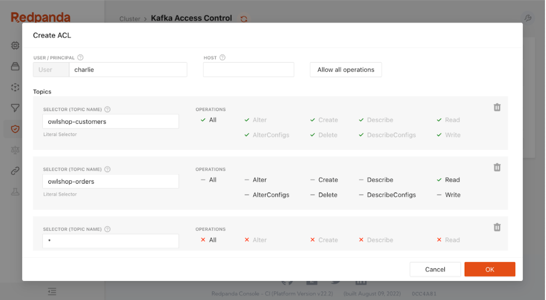 Screenshot of the Kafka Access Control interface in Redpanda Console.