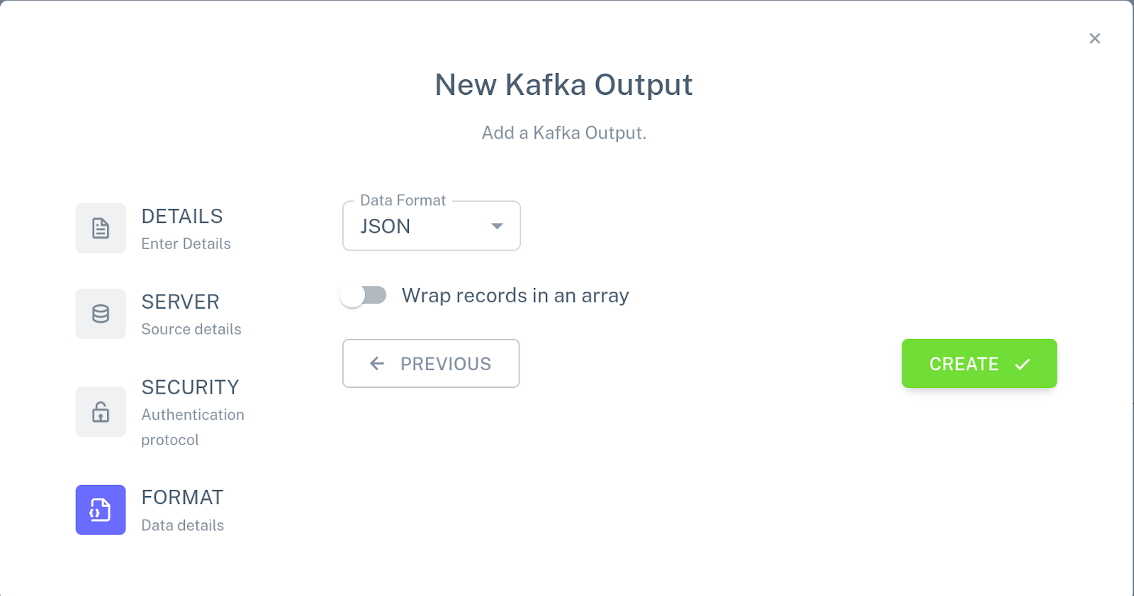 Screenshot of the new Kafka connector format configuration for the “vendor” table.