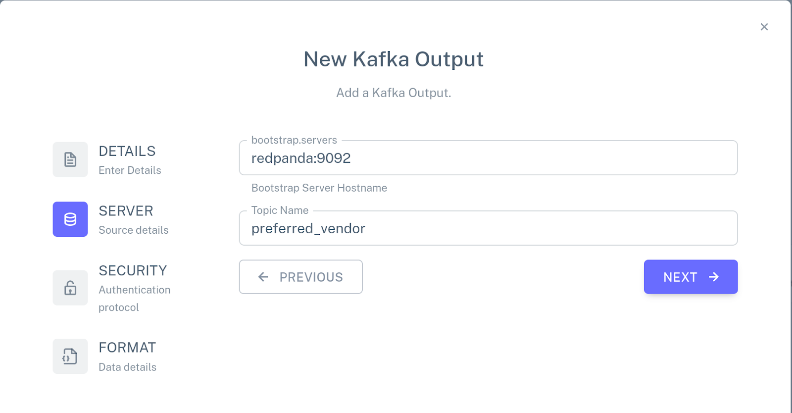 Screenshot of the new Kafka connector configuration for the “vendor" table.