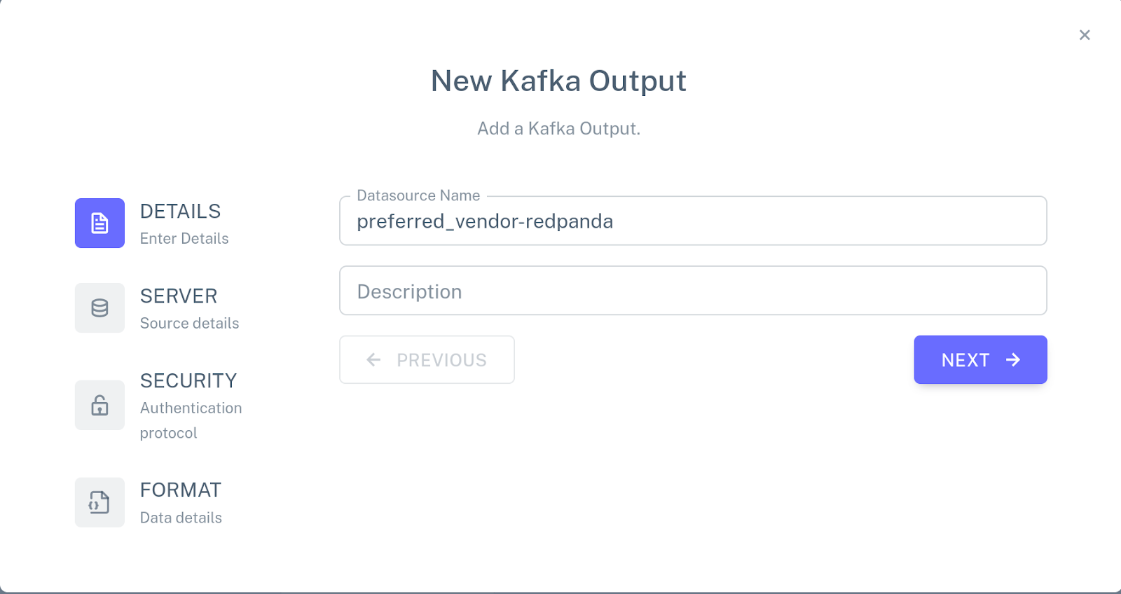 Screenshot of the new Kafka connector for the “vendor” table.