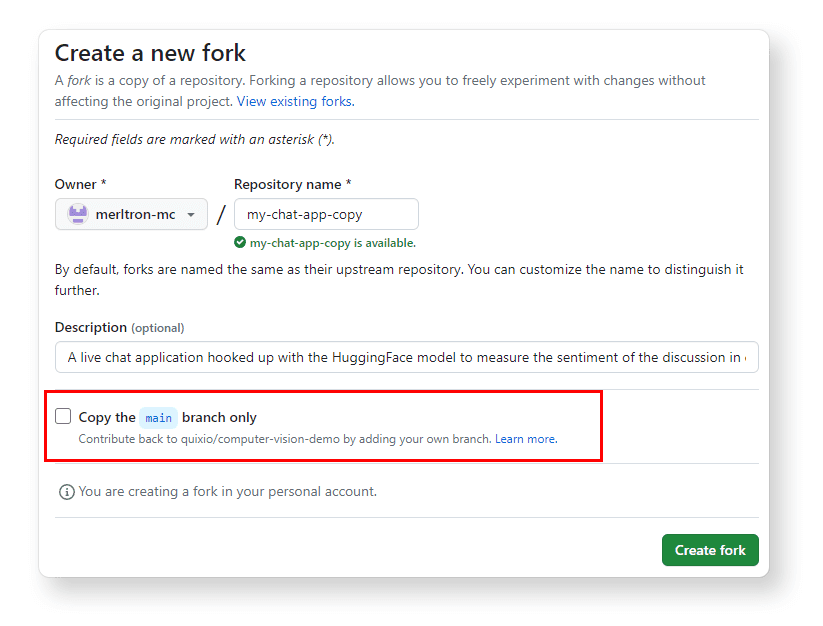 Creating a new fork in GitHub