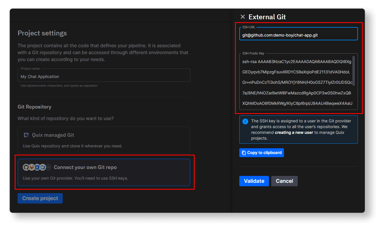 Screenshot of demo repo project settings