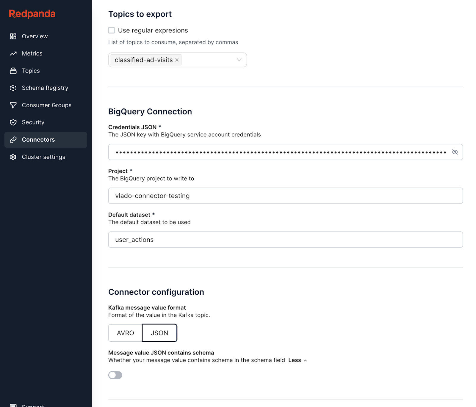 Setting up the connector using the Redpanda Cloud UI form