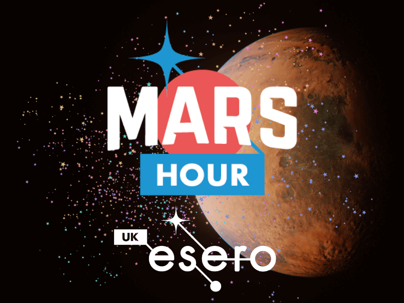 The Mars Hour logo with a background of Gale crater of Mars.