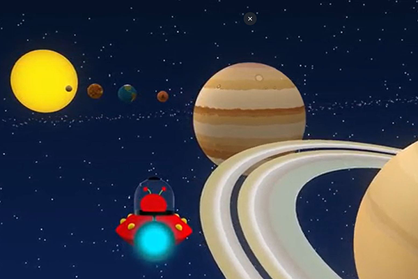 A cartoon alien in a spaceship zooms through the galaxy dodging planets.