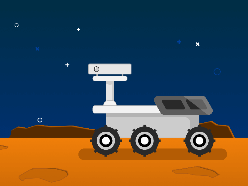 A cartoon Exomars rover goes across a Mars landscape.