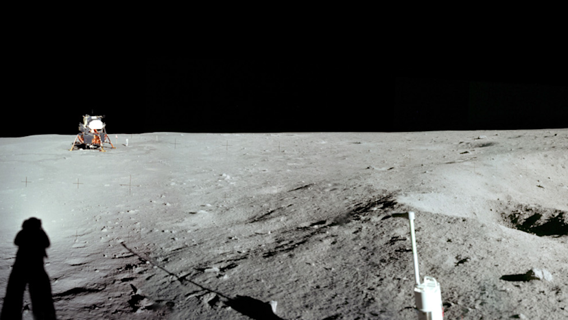 Neil Armstrong takes an image of the East Crater with the LM Eagle in the background