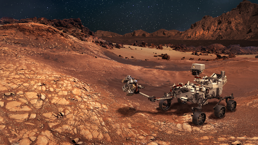 Lunar rover on a red planet with a starry sky in the background