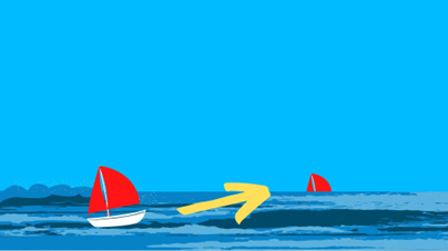 A drawing of a paper boat heading out to sea.