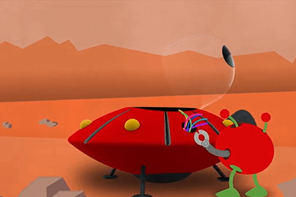 A cartoon alien fixes his spaceship which has broken down on Mars.