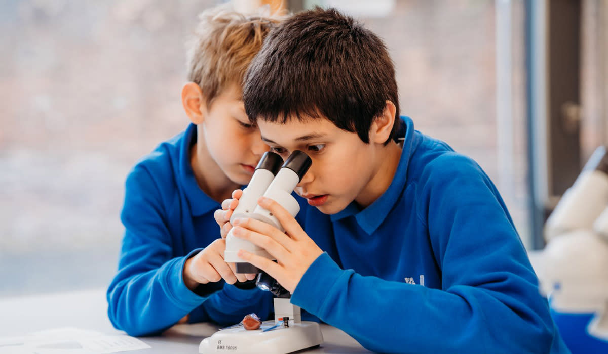 Children looking through a microscope