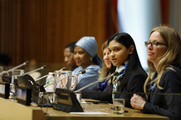 Kiara Nirghin, 22, addresses the United Nations in New York on International Women's Day, 2019