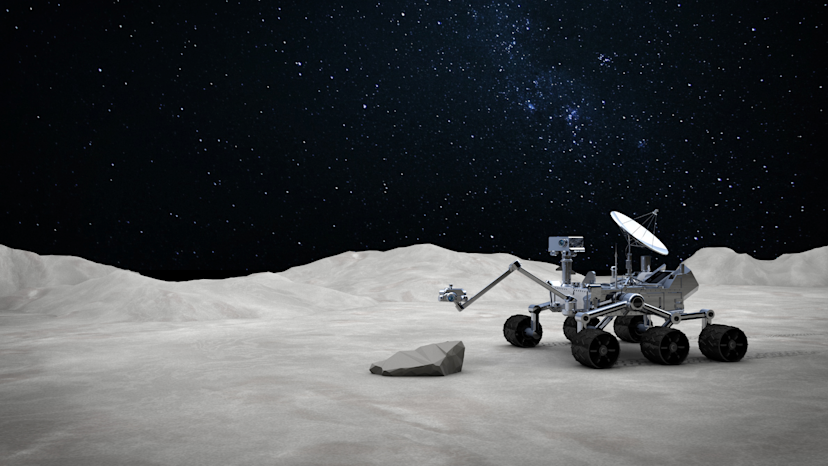 Computer generated image of the moon rover on the moon.