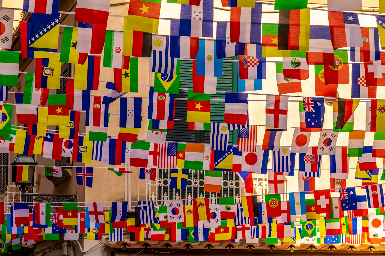 A bunch of country flags on display