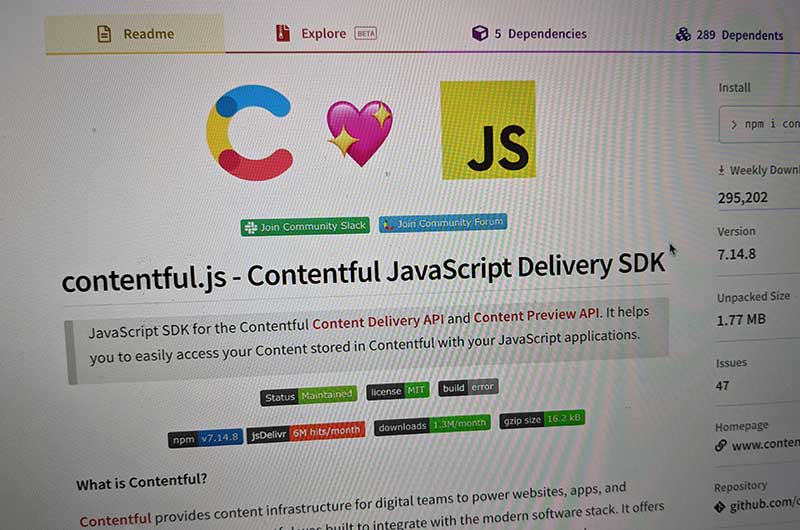 Computer screen showing the npm project homepage for the Contentful JavaScript Delivery SDK