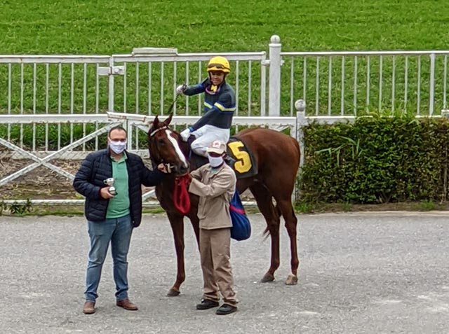 Racehorse Victory Photo: The owner, the trainer, the jockey, and the horse