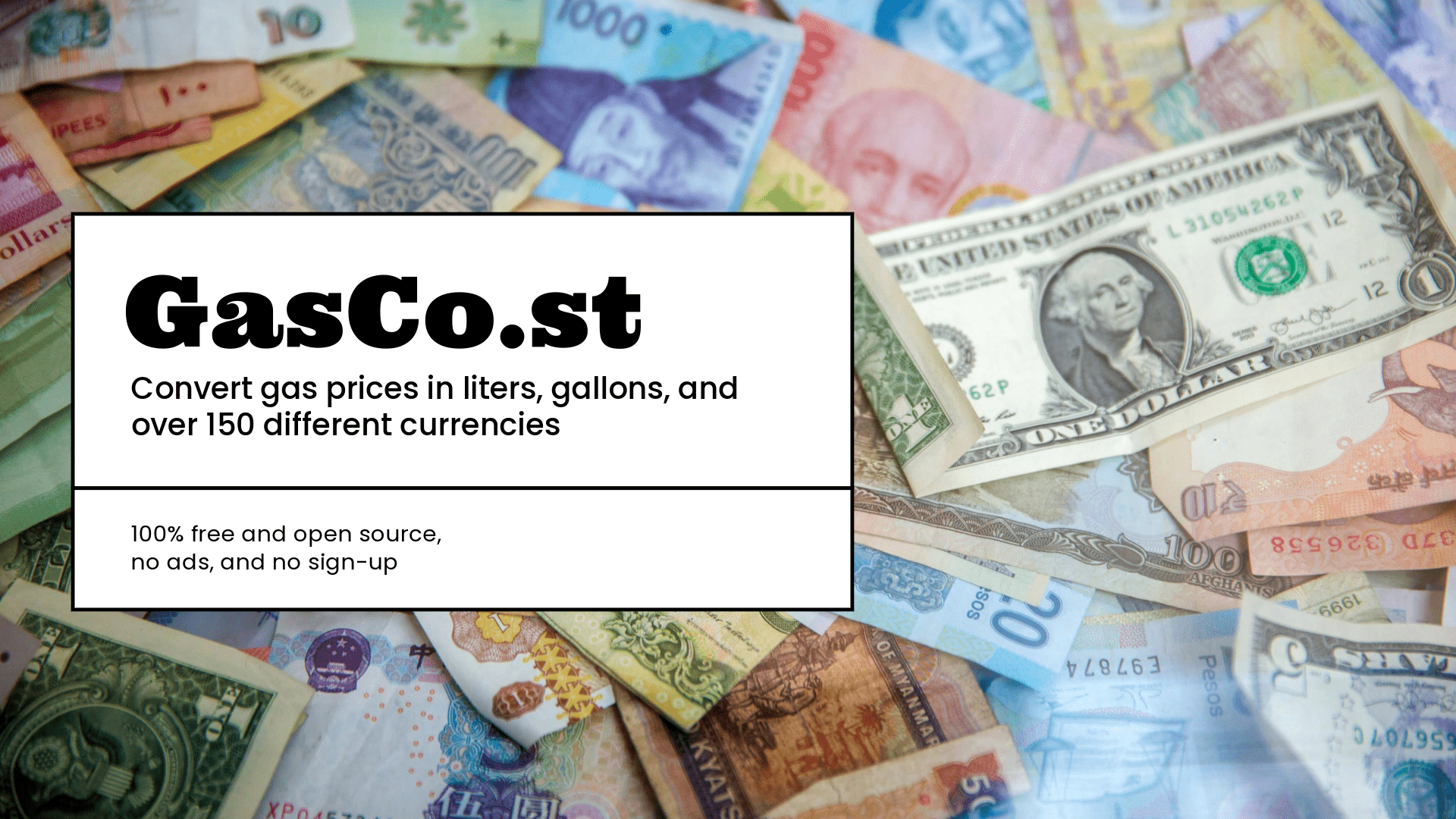 Convert gas prices in liters, gallons, and over 150 different currencies