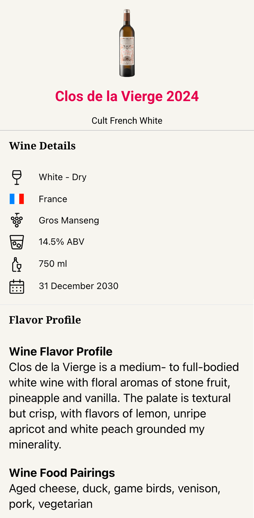 VP Clos de la Vierge Wine Image