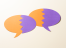 Two overlapping speech bubbles, each with divided orange and purple sections on a light beige background.