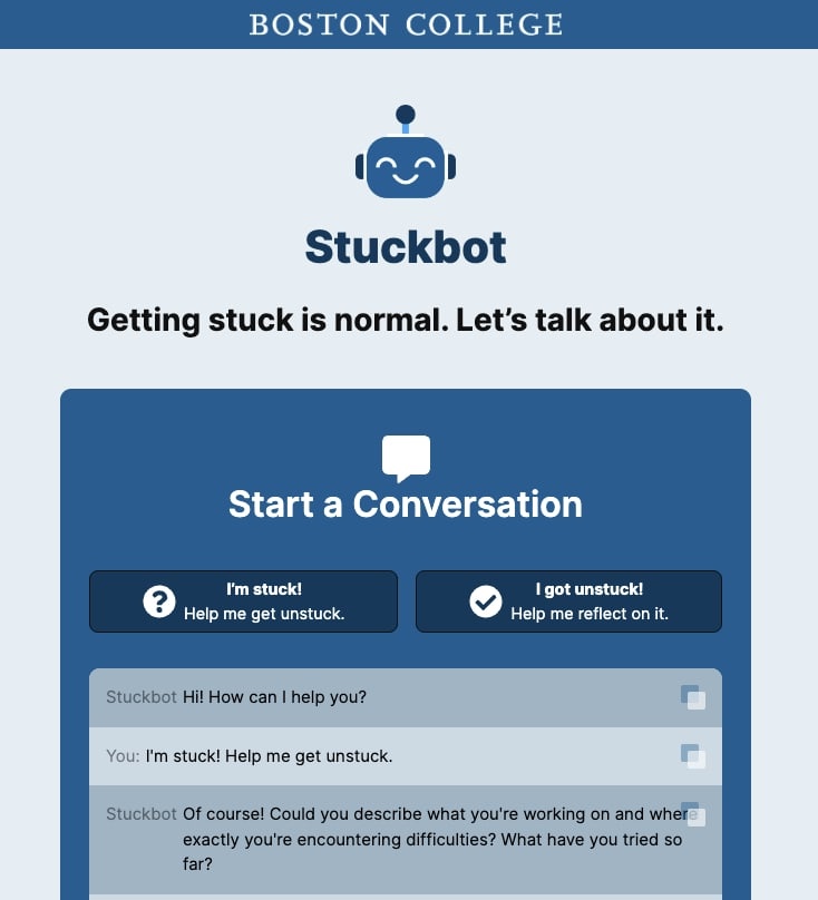Screenshot of the Boston College Stuckbot chatbot interface with options for getting help when stuck or reflecting on a problem that has been resolved.