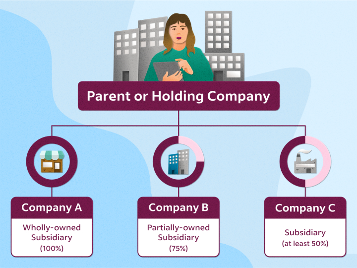 An infographic showing a parent or holding company connected to three subsidiary companies.
