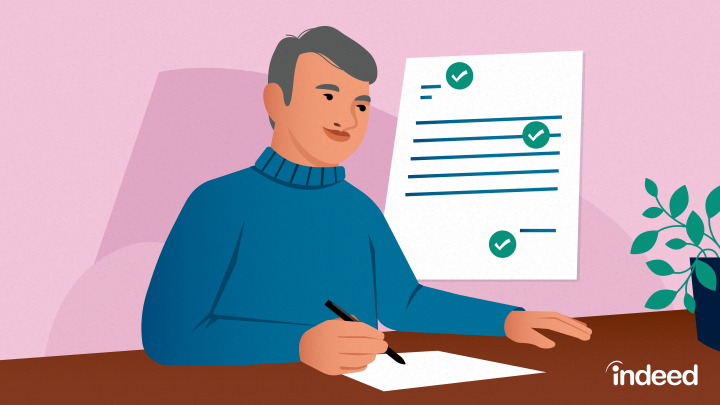 A man wearing a blue sweater sits and writes on a piece of paper. An illustration of a cover letter with lines and check marks floats next to the man.
