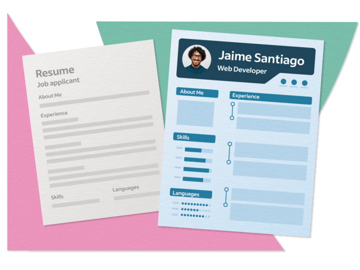 An illustration of an infographic resume and a traditional resume in a side-by-side comparison.