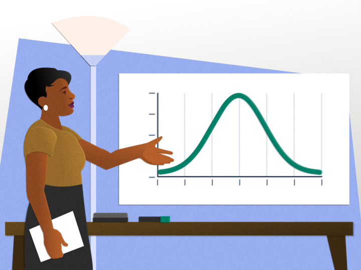 An illustration of a person gesturing to a sampling distribution graph.