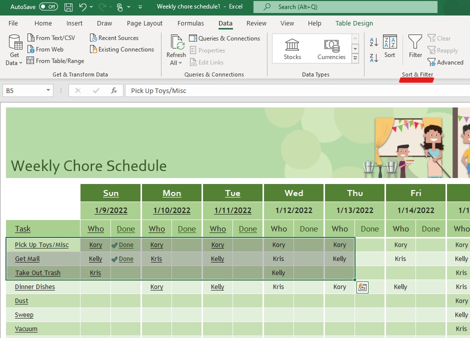 Screenshot der ausgewählten Zellen und der unterstrichenen Option „Sortieren und Filtern“ in einer Excel-Tabelle.