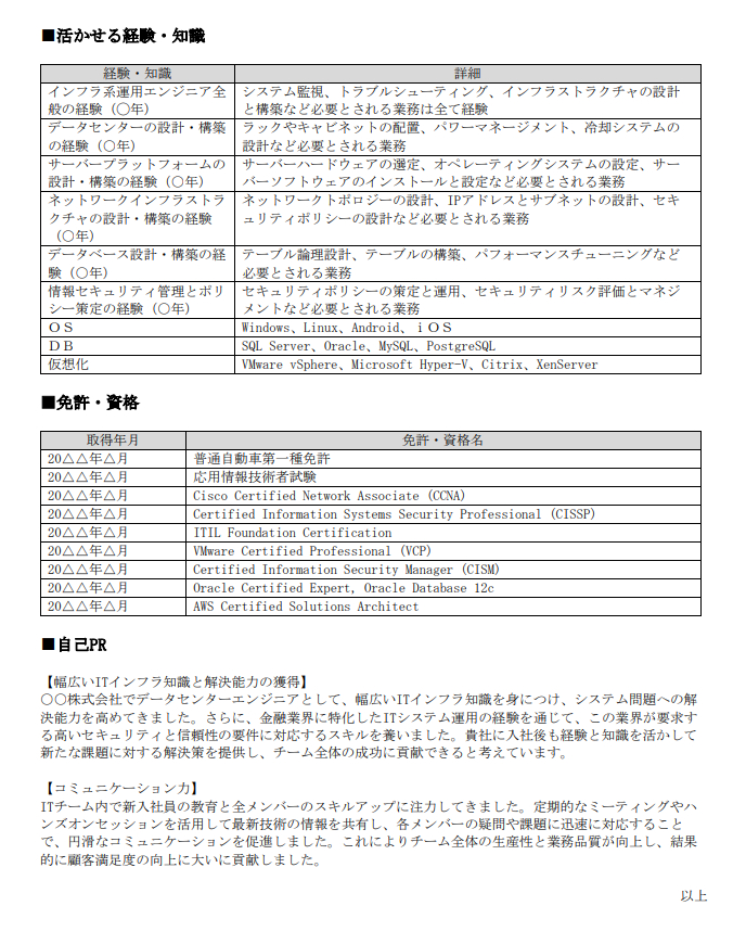 itilファンデーション 履歴書 書き方